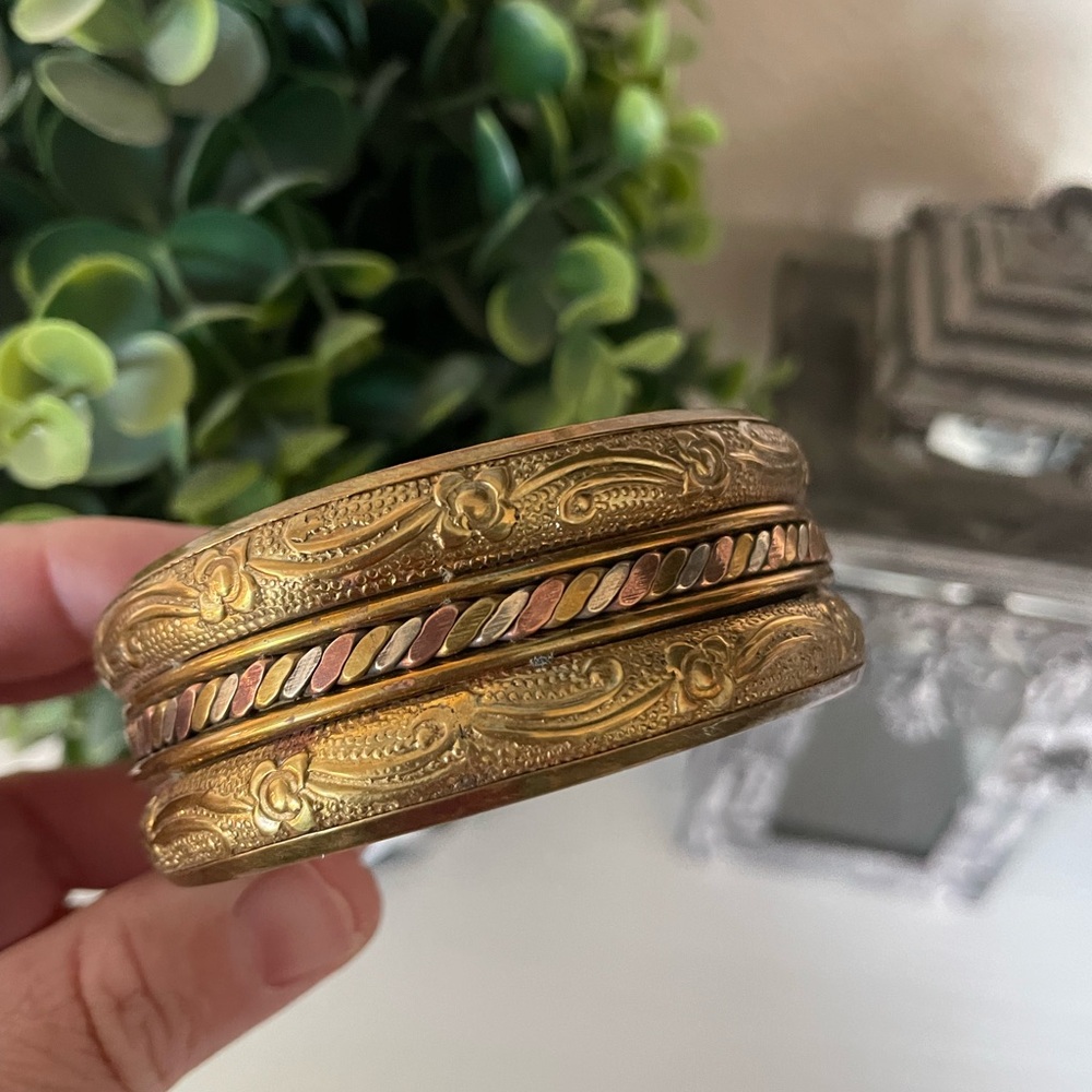 Vintage Bohemian solid brass thick copper swirl￼￼ pattern wide bangle Bracelet